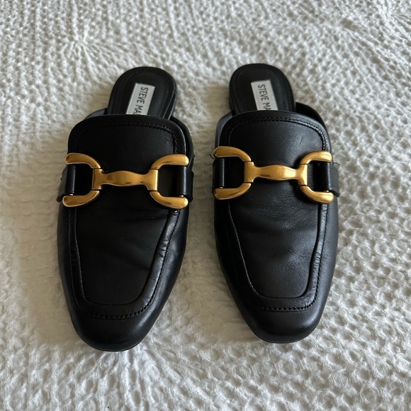 Steve Madden Black Leather Mules with Gold Detail - Picture 1 of 7